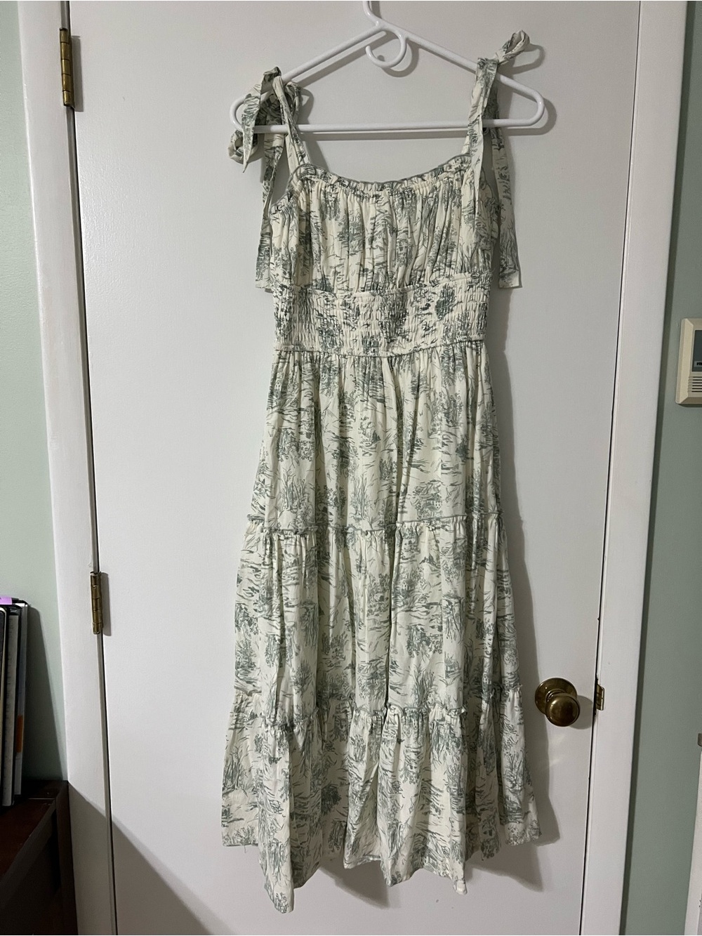 Francesca's Collections Cream Maxi Dress with Sage Toile Print